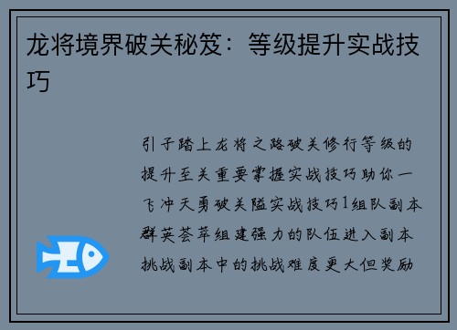 龙将境界破关秘笈:等级提升实战技巧